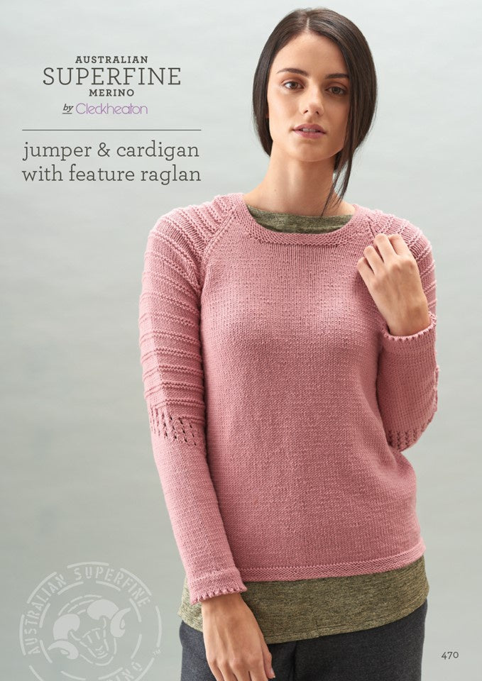 470 Jumper Cardigan with feature raglan Cleckheaton Pattern Sunspun